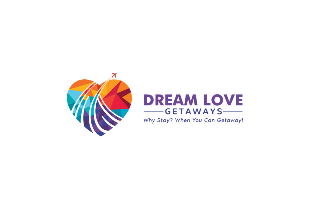 A logo of a heart with the words " dream love getaways " underneath it.