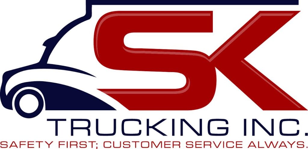 A red white and blue logo for trucking company